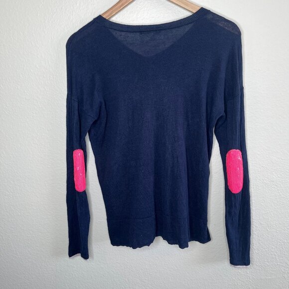 Lisa Todd Small V-Neck Blue Pull Over Sweater Sequin Pink Elbow Patches - Picture 8 of 11